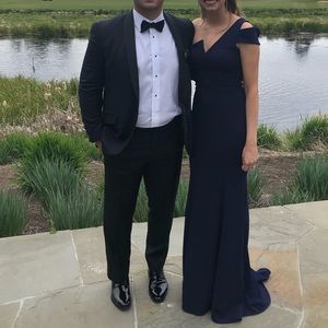 Betsy & Adam one shoulder A line gown in navy